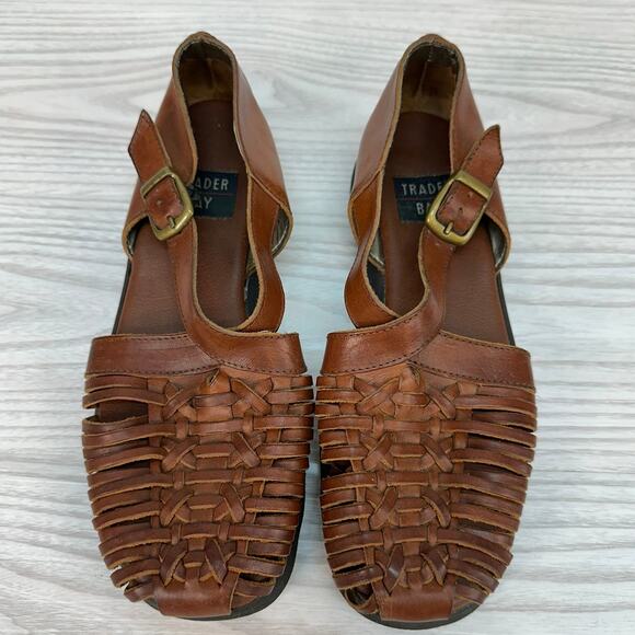 Trader Bay Sandal WMNS 9 Brown Open Weave Leather Woven Buckle Strap Vintage 90s - Picture 2 of 6